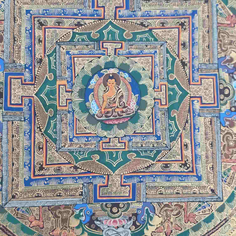 Un mandala de la vie du Bouddha pour cette superbe Thangka tibétaine