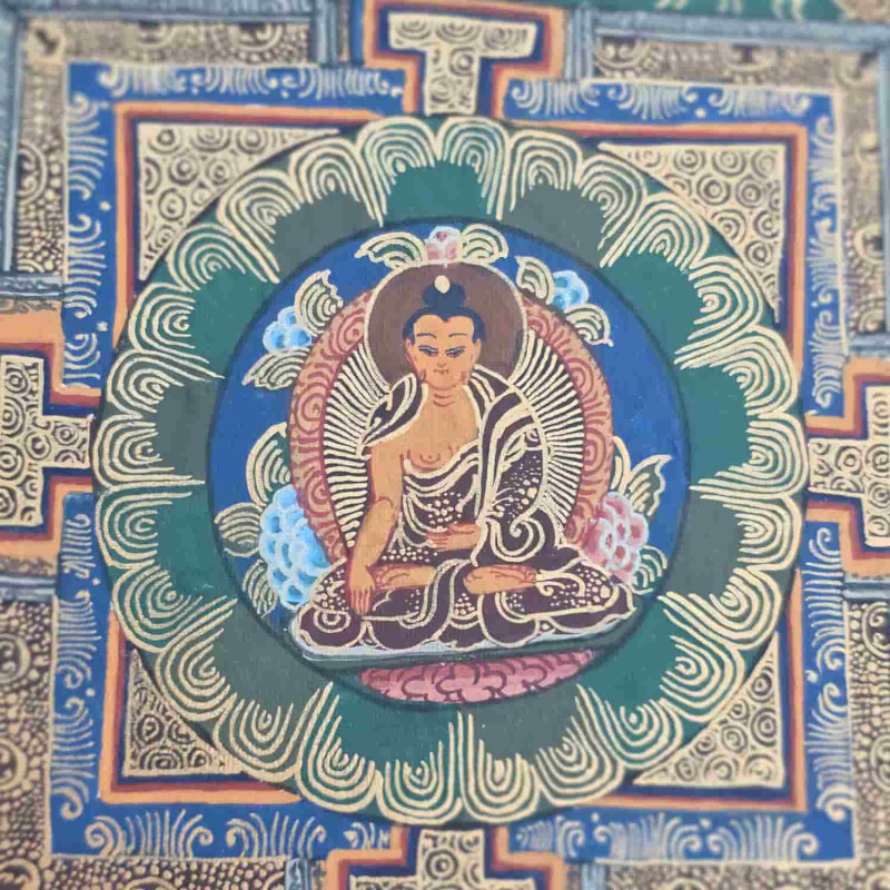 Un mandala de la vie du Bouddha pour cette superbe Thangka tibétaine