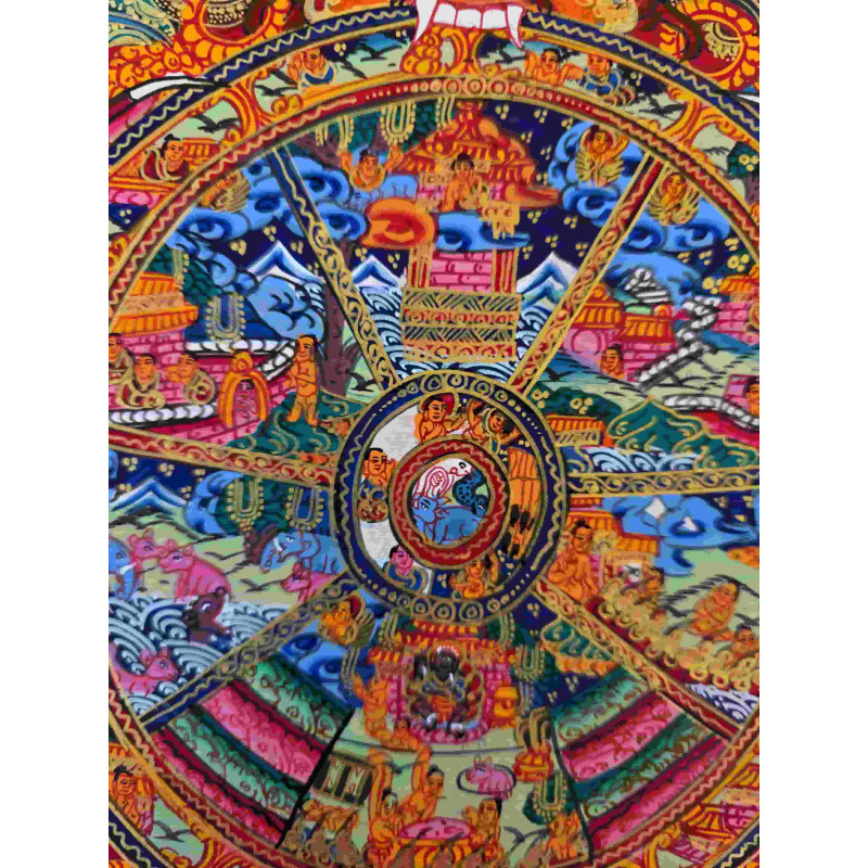 Grande thangka tibétaine Roue de la vie détaillée