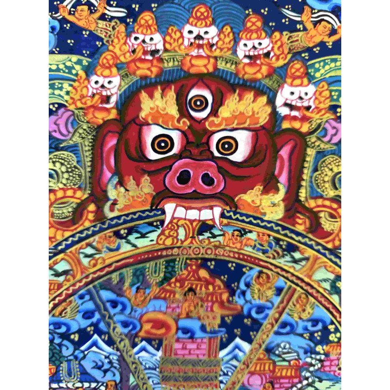 Grande thangka tibétaine Roue de la vie détaillée
